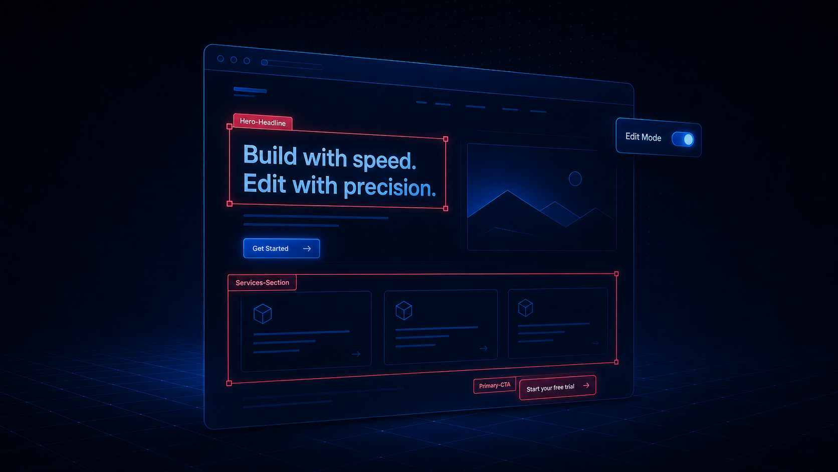 AI Edit Mode visual showing labelled website sections